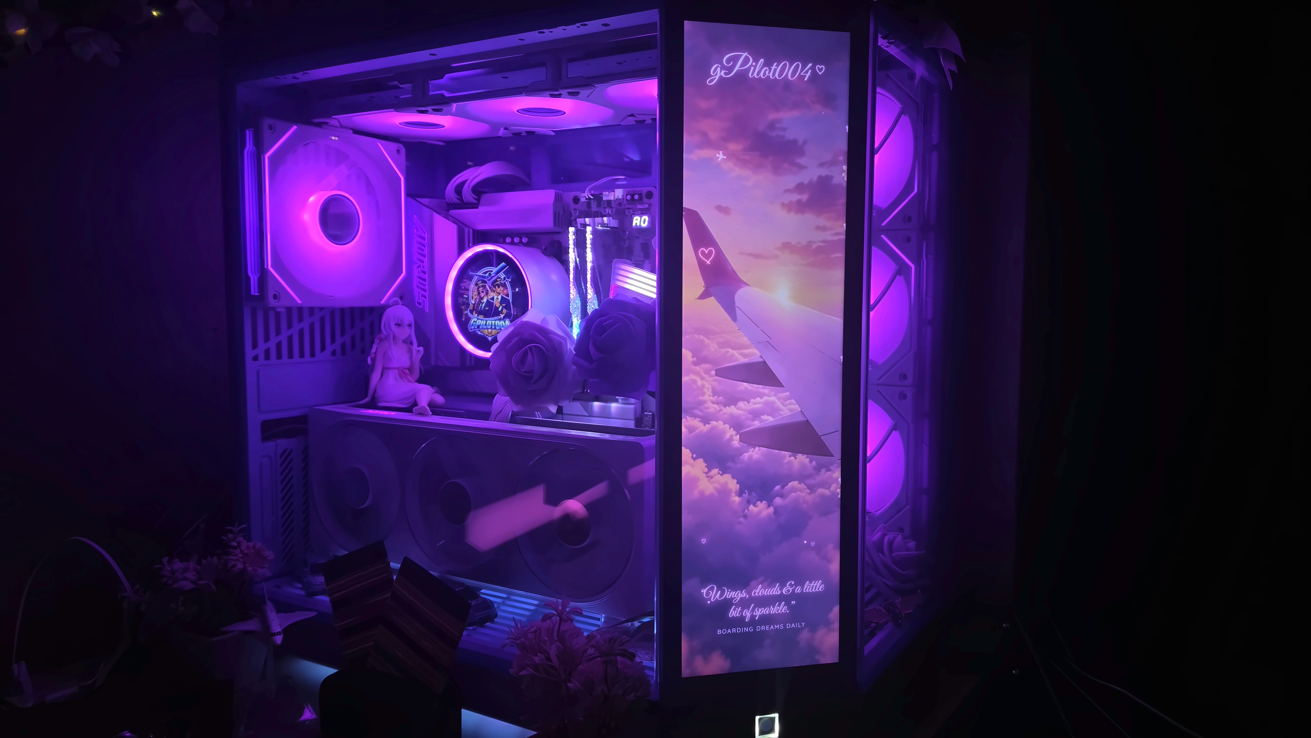gPilot004 HYTE Y70 Touch PC with purple lighting and aviation artwork