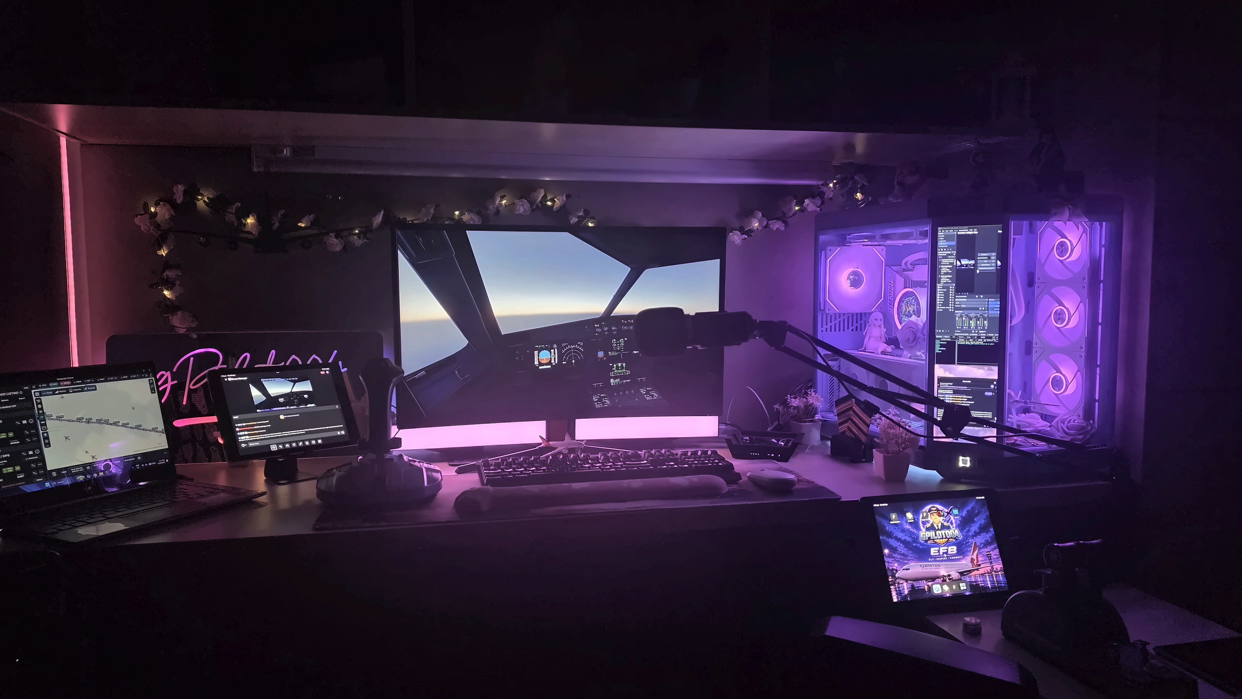 The gPilot004 flight simulation and streaming setup glowing purple